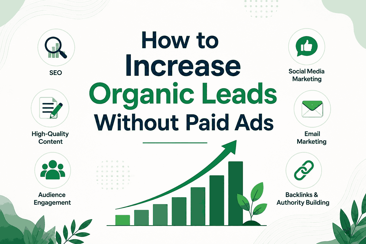 How to Increase Organic Leads Without Paid Ads cover image featuring organic growth strategies, SEO optimization, content marketing, audience engagement, backlinks, email marketing, and increasing lead generation through sustainable digital marketing techniques.