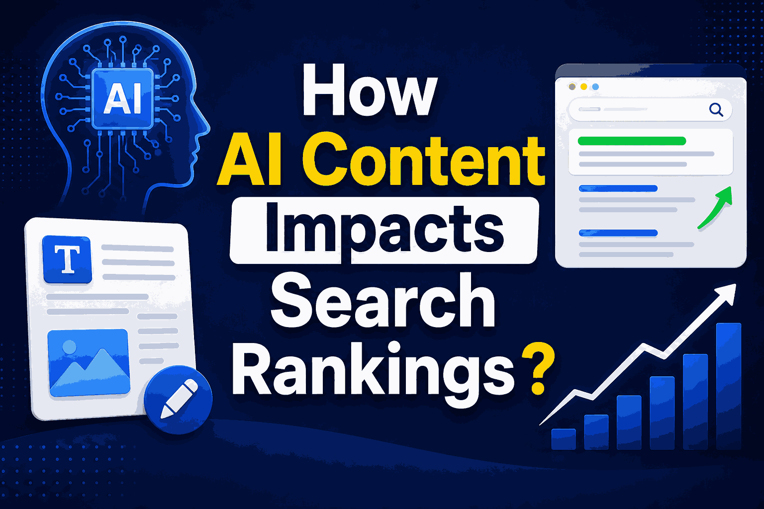 How AI Content Impacts Search Rankings cover image featuring AI-generated content, search engine optimization, ranking growth charts, content performance analytics, search visibility, and AI-driven SEO strategies for improving organic search results.