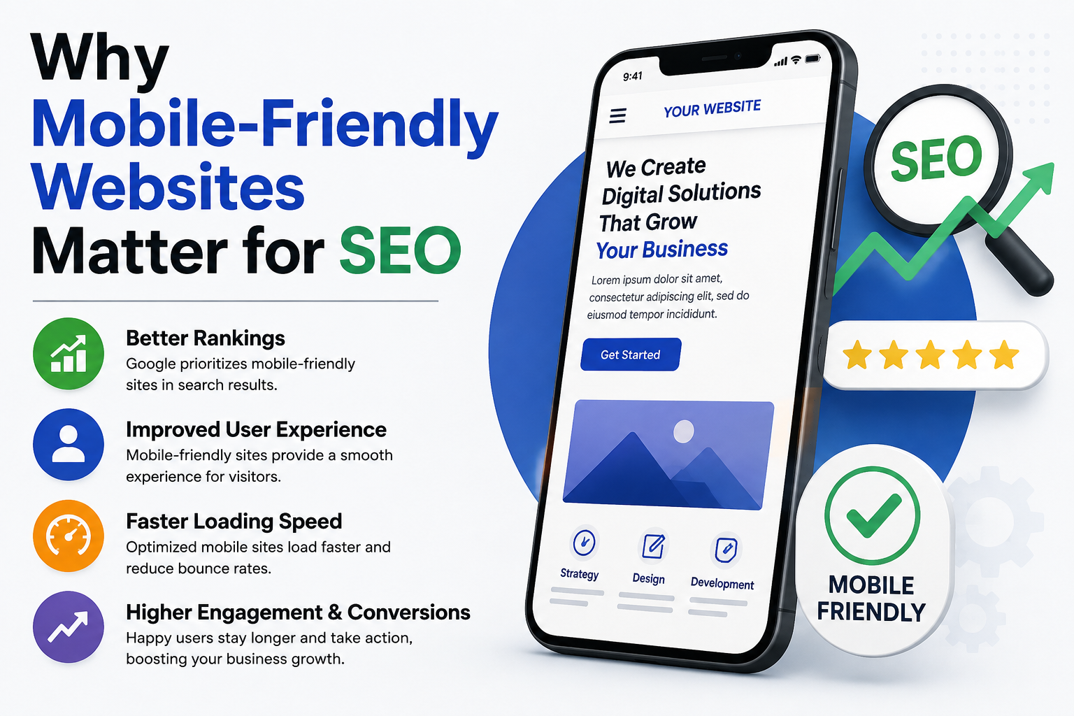 A mobile-friendly website improves user experience, increases engagement, and helps businesses rank higher in search results