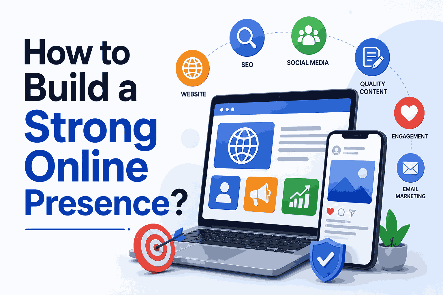 how to build a strong online presence with a laptop and smartphone displaying digital marketing elements such as a website, SEO, social media, content marketing, email marketing, engagement, and analytics. The image includes growth icons, a target symbol, and branding elements representing online visibility, audience engagement, and business growth.