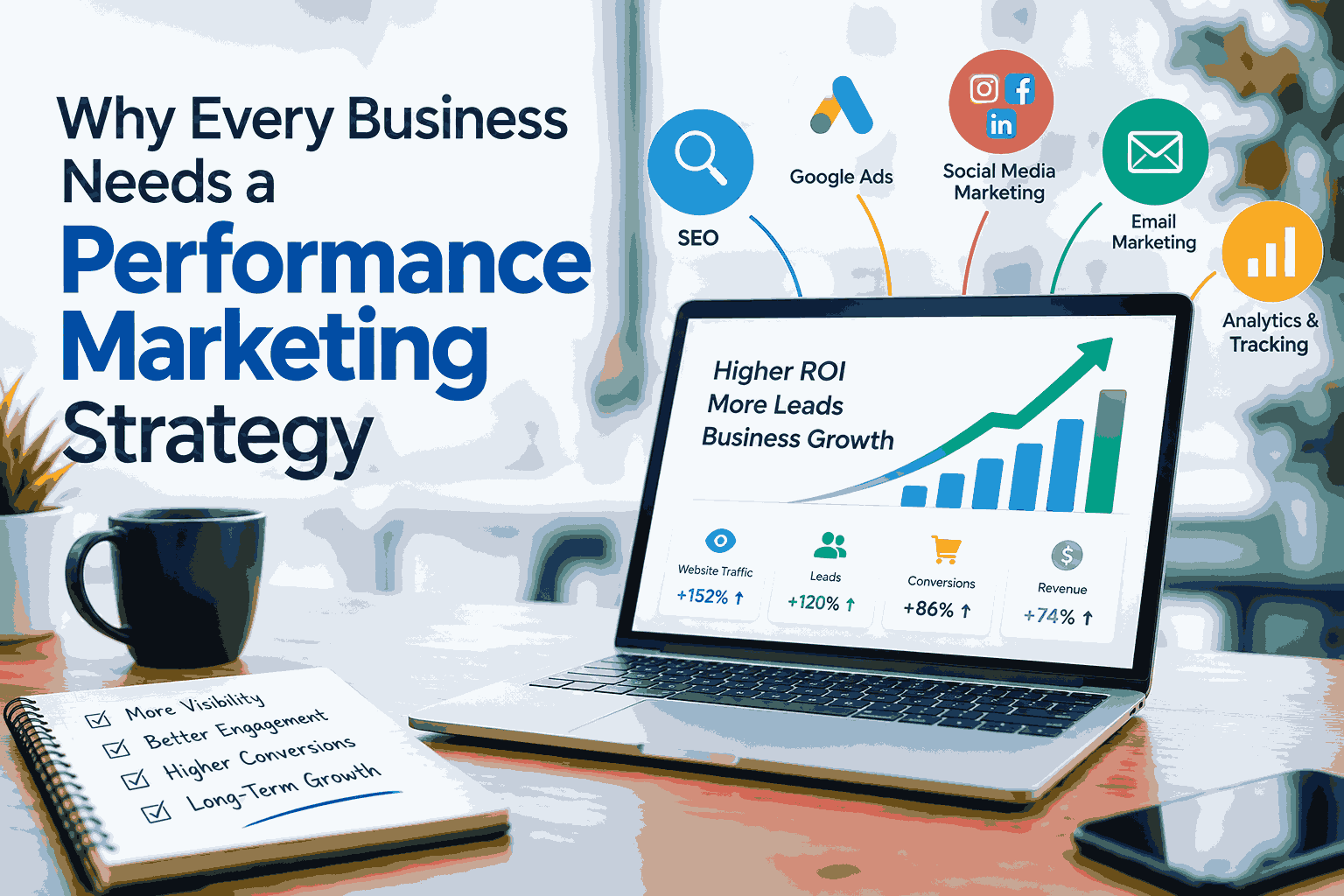 Professional performance marketing strategy banner featuring a laptop with rising analytics charts, ROI growth metrics, SEO, Google Ads, social media, email marketing, and analytics icons, highlighting how performance marketing drives leads, conversions, and business growth.