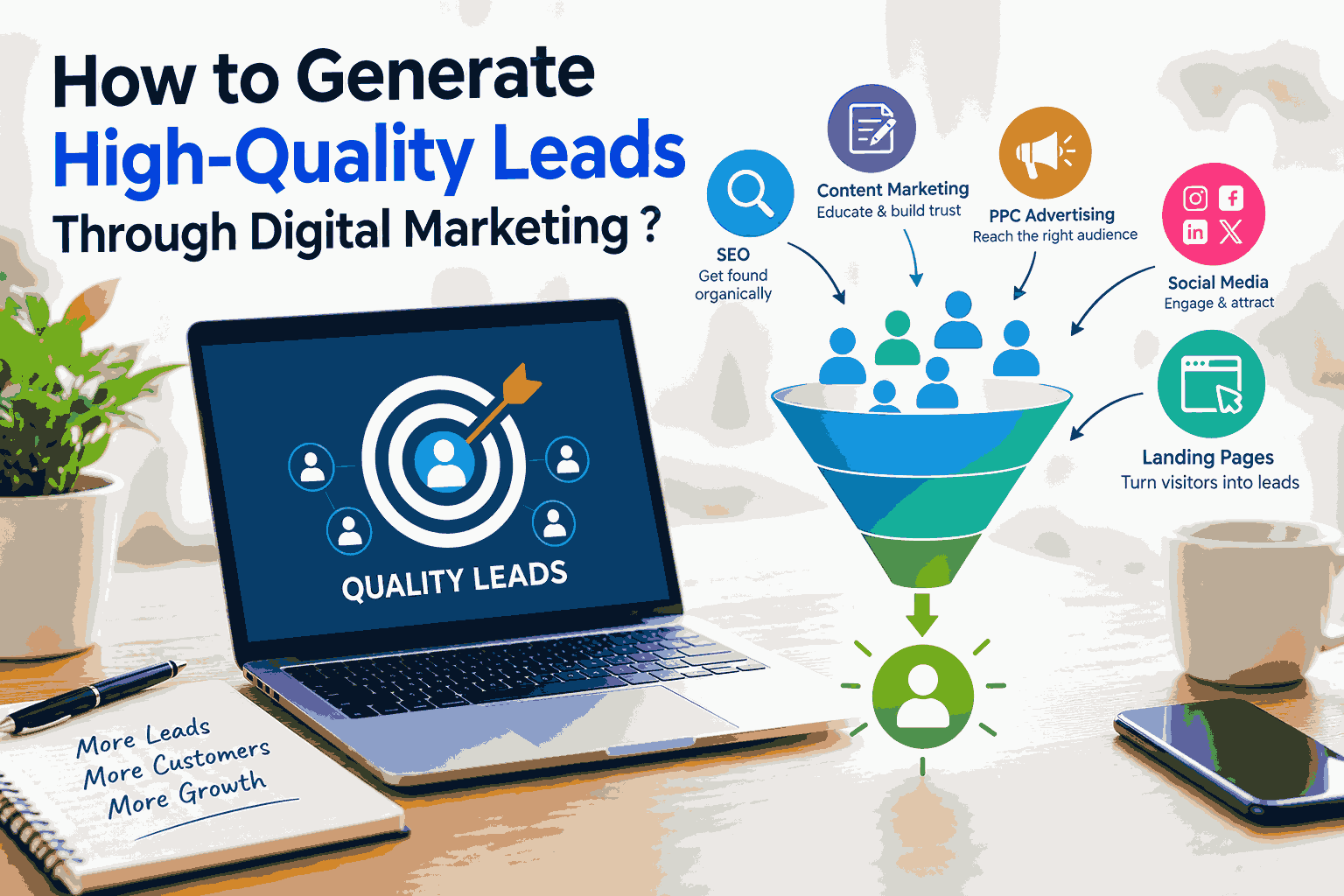 Laptop displaying a high-quality lead generation strategy with SEO, content marketing, PPC advertising, social media marketing, and landing pages funneling qualified prospects into customers, illustrating digital marketing lead generation and business growth.