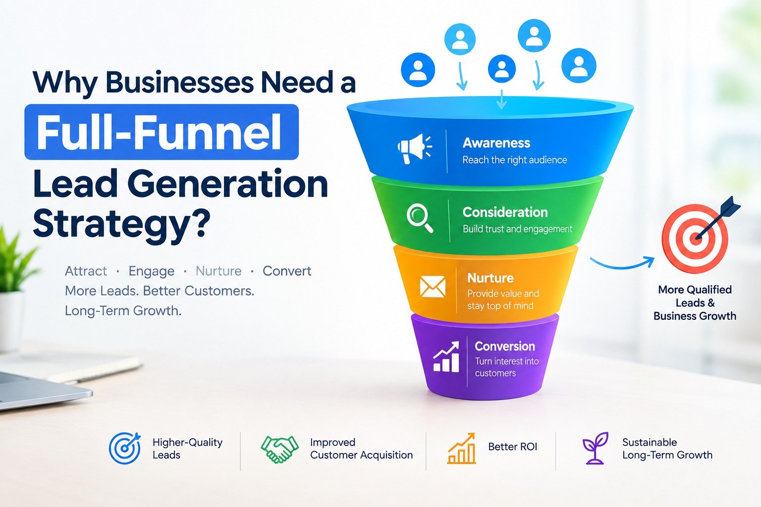 full-funnel lead generation strategy showing awareness, consideration, nurturing, and conversion stages that help businesses attract qualified leads, increase customer acquisition, improve ROI, and drive sustainable business growth.