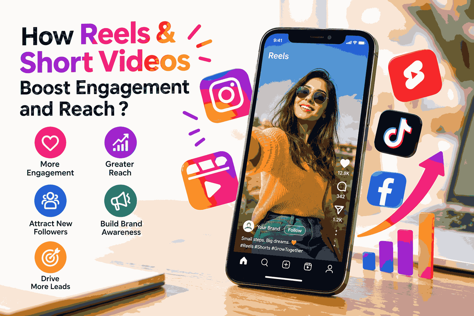 How Reels & Short Videos Boost Engagement and Reach – Social media marketing illustration featuring a smartphone displaying a short-form video, social media icons, engagement metrics, growth charts, and branding elements that highlight how reels and short videos help businesses increase reach, attract followers, boost engagement, and generate leads.