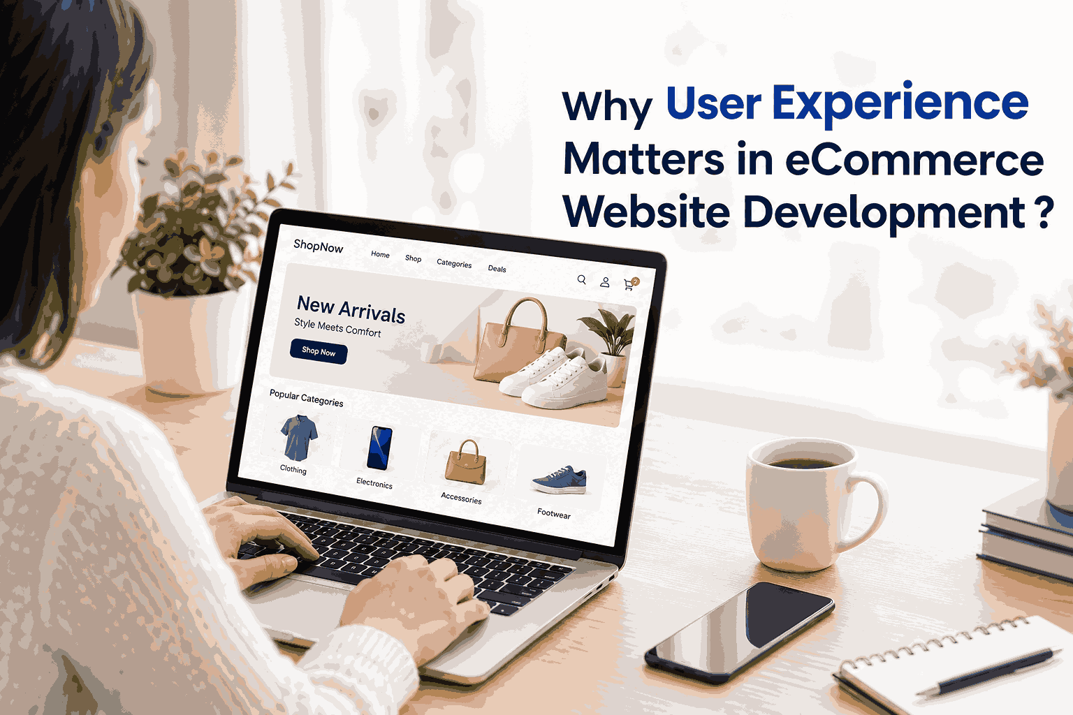 Professional eCommerce website development concept showing a modern online store interface on a laptop with the title "Why User Experience Matters in eCommerce Website Development" and a clean digital workspace background.