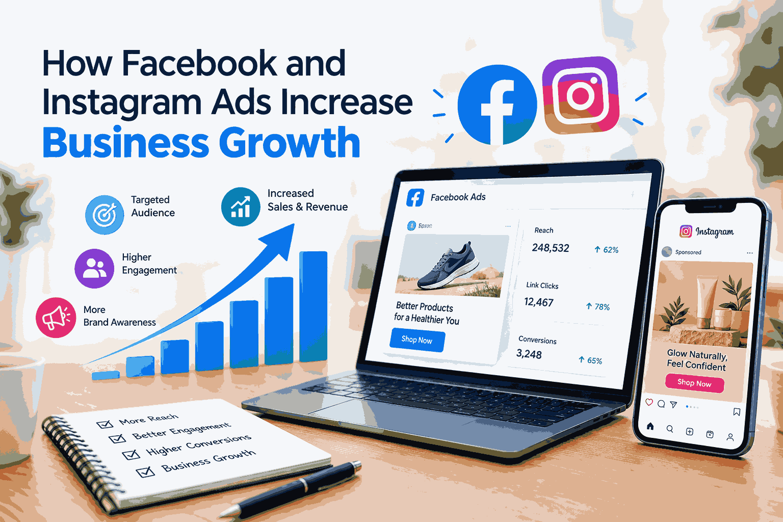 Facebook and Instagram Ads helping businesses increase reach, engagement, leads, and overall business growth.