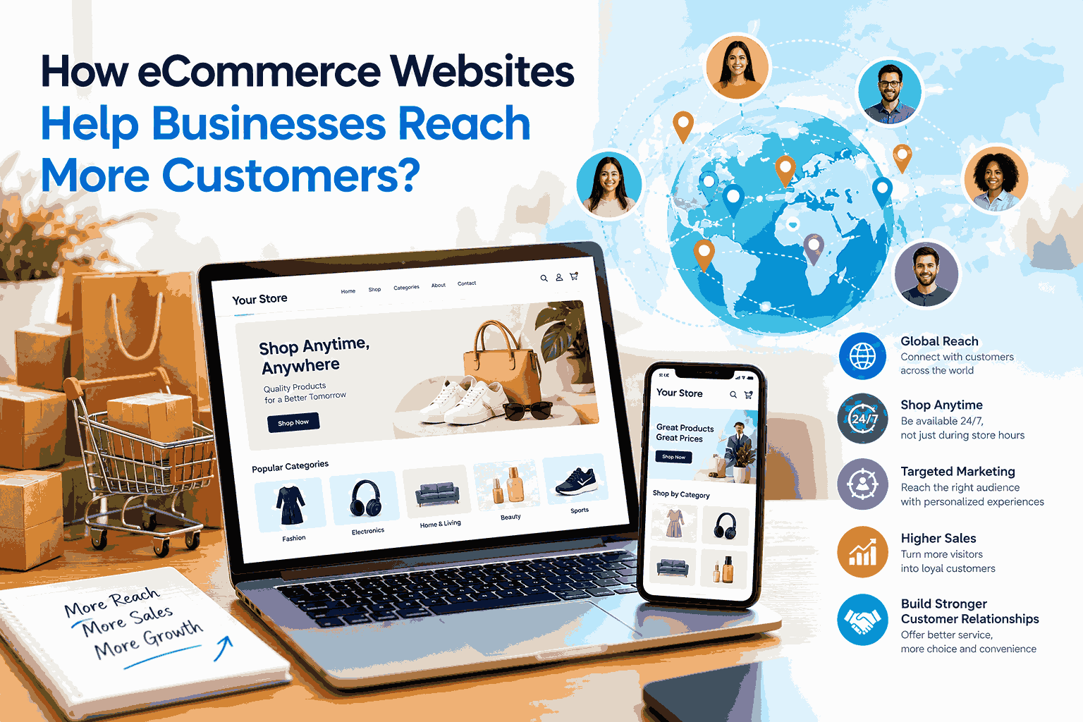 eCommerce website displayed on laptop and mobile device connecting businesses with customers worldwide through online shopping.