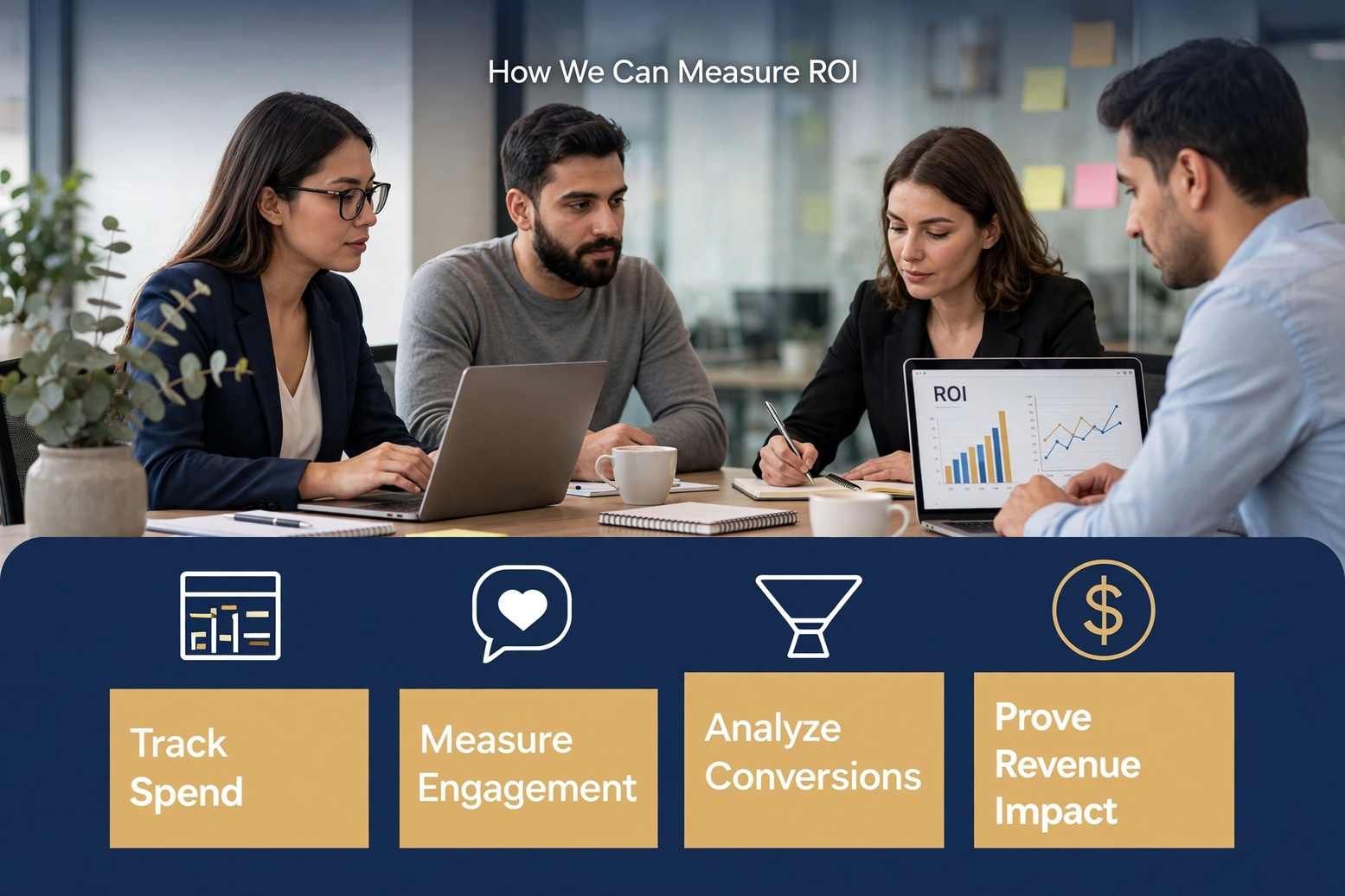 Social media marketing dashboard displaying ROI metrics, engagement rates, and campaign performance analytics.