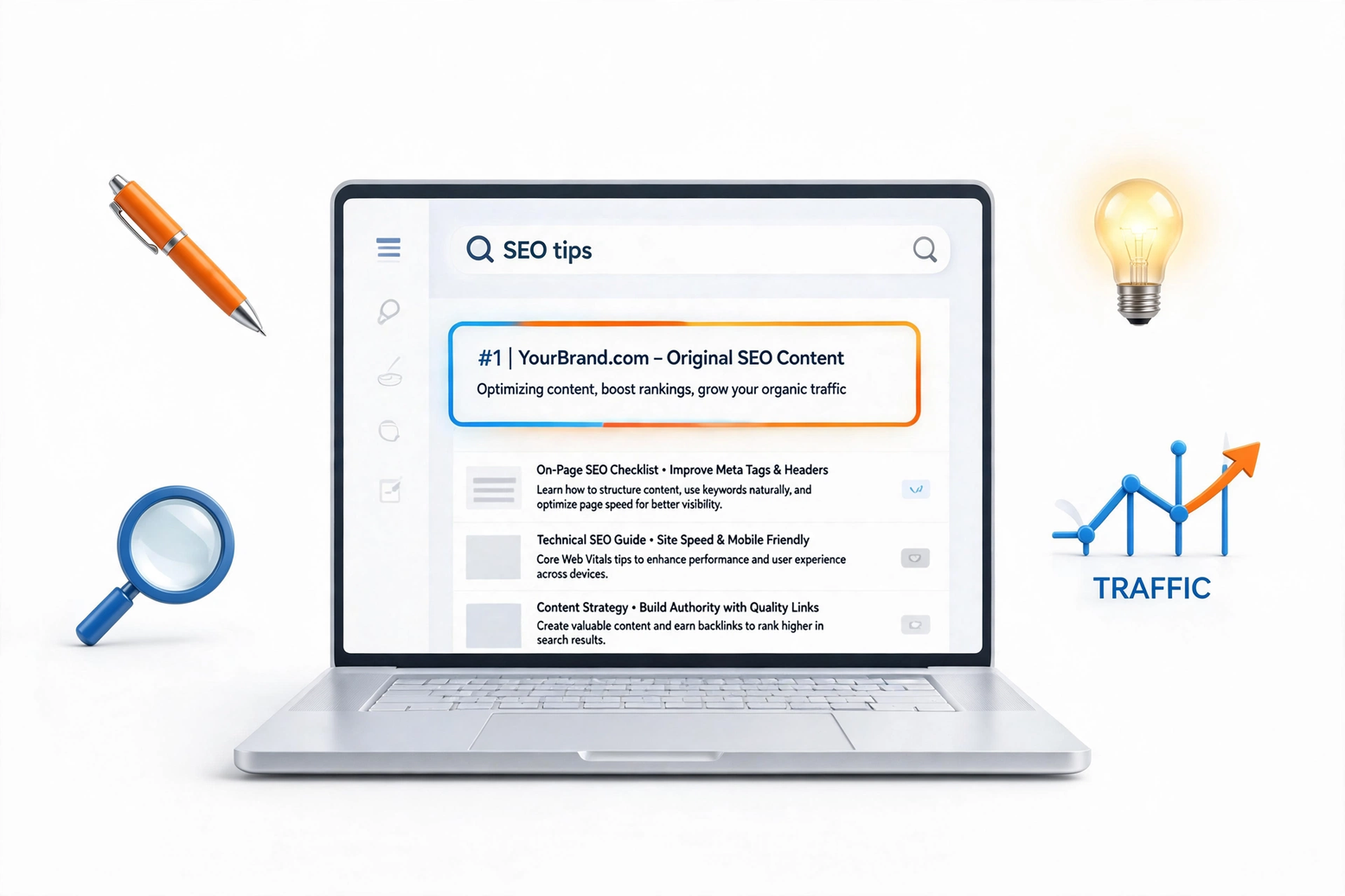Original content SEO strategy showing improved search visibility, organic traffic growth, keyword rankings, and digital marketing performance