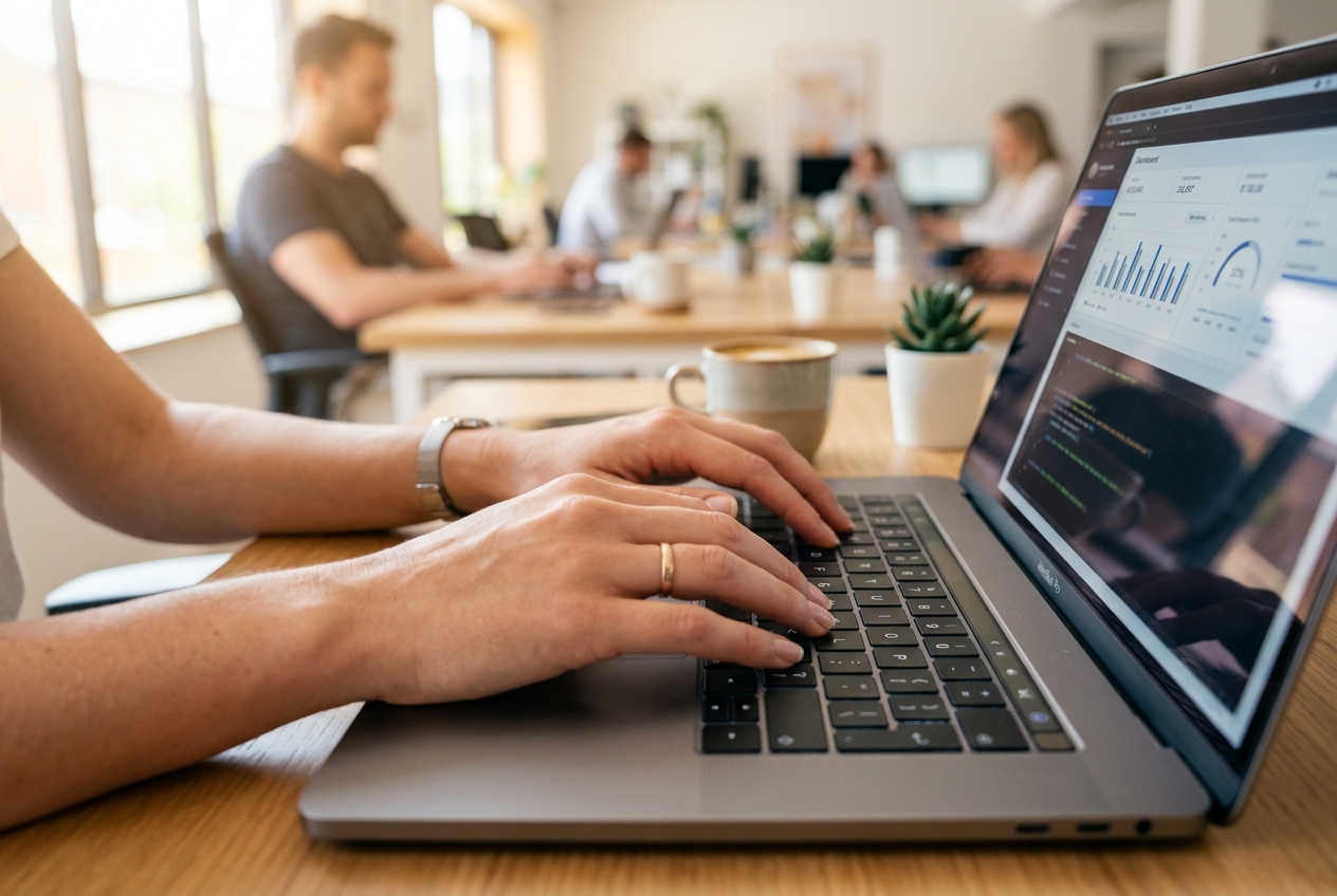 Conceptial Media marketer typing on laptop